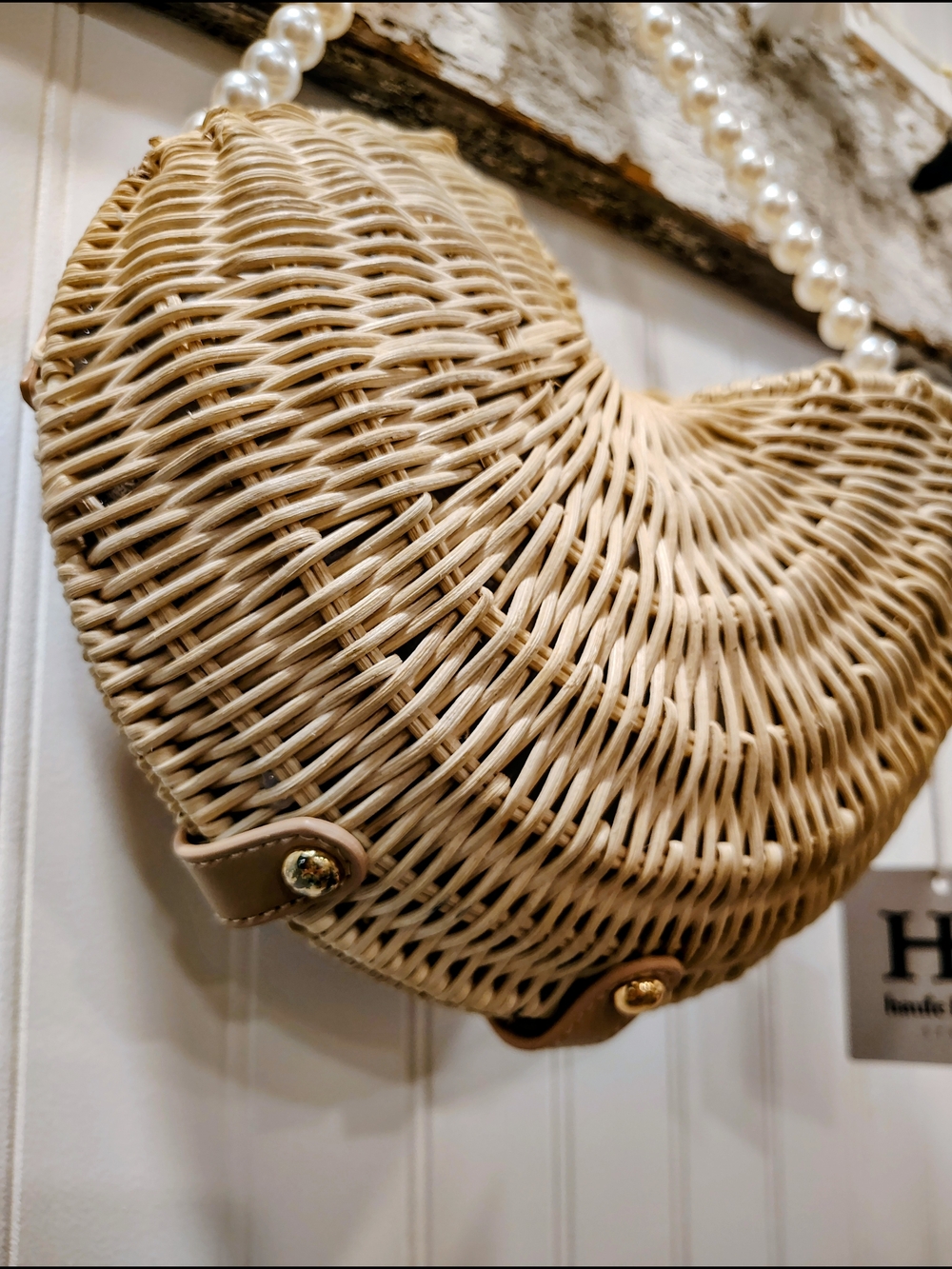 Haute Hippie Woven Rattan Crescent Crossbody with Pearl Strap - Natural - Picture 2 of 15